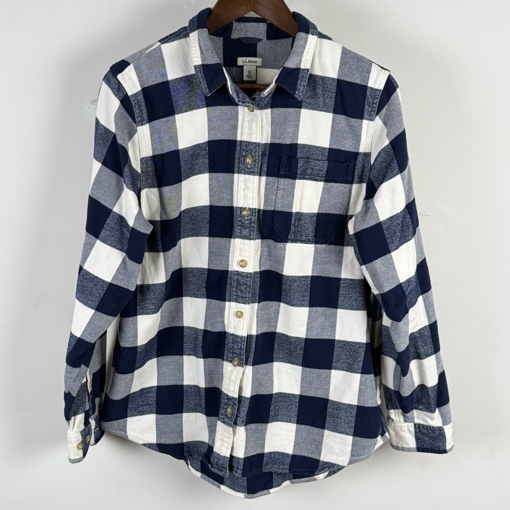 L.L.Bean Buffalo Plaid Flannel Shirt Mens Medium Blue White‎ Cotton